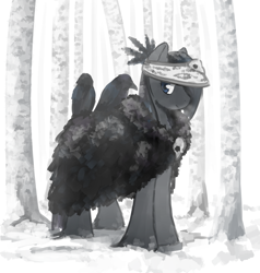 Size: 2651x2782 | Tagged: safe, artist:anonymous, oc, oc only, bird, pony, raven (bird), black coat, black hair, blue eyes, clothes, coat, female, forest, mare, skull, snow, snowpony (species), solo, taiga pony, tree, visible breath
