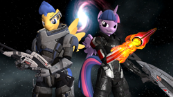 Size: 1920x1080 | Tagged: safe, artist:that1guy, imported from derpibooru, flash sentry, twilight sparkle, alicorn, anthro, pegasus, 3d, commander shepard, crossover, female, femshep, flashlight, garrus vakarian, grin, gun, implied shipping, looking at you, male, mass effect, n7 armor, omni-blade, rifle, science fiction, shipping, smiling, smiling at you, smirk, sniper rifle, source filmmaker, space, straight, twilight sparkle (alicorn), visor, weapon