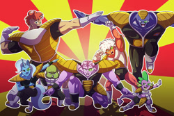 Size: 1280x854 | Tagged: safe, artist:littletigressda, imported from derpibooru, spike, trixie, anthro, dragon, unicorn, anime, burter, captain ginyu, crossover, dragon ball, dragon ball z, ginyu force, guldo, jeice, recoome, tokusentai