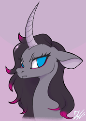 Size: 1183x1657 | Tagged: safe, artist:zayrixx, imported from derpibooru, unicorn, them's fightin' herds, community related, curved horn, frown, horn, looking at you, oleander (tfh), purple background, scowl, signature, simple background