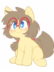 Size: 1200x1600 | Tagged: source needed, safe, artist:comfytail, imported from derpibooru, oc, oc only, oc:sphee, earth pony, pony, blushing, cute, female, glasses, ocbetes, simple background, sitting, smiling, solo, white background