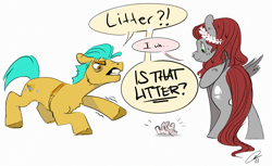 Size: 3466x2128 | Tagged: safe, artist:opalacorn, imported from derpibooru, hitch trailblazer, oc, unnamed oc, earth pony, pegasus, pony, angry, dialogue, duo, g5, high res, littering, my little pony: a new generation, simple background, speech bubble, white background