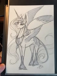 Size: 960x1280 | Tagged: safe, artist:probablyfakeblonde, imported from derpibooru, princess luna, alicorn, pony, cloven hooves, ear fluff, female, grayscale, leonine tail, long ears, mare, marker drawing, monochrome, pencil drawing, solo, tail, traditional art, unshorn fetlocks