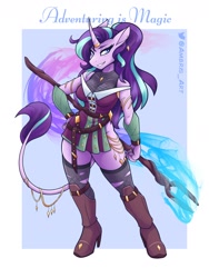 Size: 1800x2400 | Tagged: safe, artist:ambris, imported from derpibooru, starlight glimmer, anthro, classical unicorn, unguligrade anthro, unicorn, adventuring is magic, cloven hooves, ear piercing, earring, female, grin, hand on hip, high res, jewelry, leonine tail, looking at you, mare, piercing, smiling, smiling at you, smirk, solo, staff, staff of sameness, unshorn fetlocks