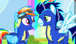 Size: 1234x720 | Tagged: safe, artist:mlplary6, imported from derpibooru, rainbow dash, soarin', rainbow falls, clothes, female, male, shipping, soarindash, straight, uniform, wonderbolts uniform