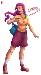Size: 1600x2900 | Tagged: safe, artist:kabooramackraid, imported from derpibooru, sunny starscout, human, bag, breasts, female, g5, high res, humanized, my little pony: a new generation, open mouth, open smile, simple background, smiling, solo, text, transparent background