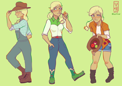 Size: 3600x2570 | Tagged: safe, artist:show-a-bit-of-teeth, imported from derpibooru, applejack, human, apple, applejack's hat, belt, boots, clothes, cowboy boots, cowboy hat, eyebrows, eyebrows visible through hair, female, flannel, food, freckles, green background, grin, hat, high res, humanized, jeans, overalls, pants, shirt, shoes, shorts, simple background, smiling, solo