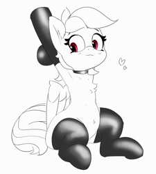 Size: 1079x1200 | Tagged: safe, artist:pabbley, imported from derpibooru, rainbow dash, pegasus, pony, armpits, belly, belly button, chest fluff, choker, clothes, floating heart, grayscale, heart, latex, latex socks, monochrome, partial color, simple background, sitting, socks, solo, white background