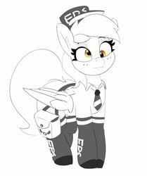 Size: 1002x1200 | Tagged: safe, artist:pabbley, imported from derpibooru, derpy hooves, pegasus, pony, cap, clothes, equestria's best mailmare, female, grayscale, hat, mailbag, mailmare, mare, monochrome, necktie, partial color, simple background, socks, solo, uniform, white background