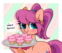 Size: 5019x4288 | Tagged: safe, artist:kittyrosie, imported from derpibooru, sunny starscout, earth pony, pony, abstract background, absurd resolution, alternate hairstyle, blushing, cupcake, cute, female, food, g5, happy, heart, heart eyes, holding, looking at you, mare, my little pony: a new generation, pigtails, ponytail, simple background, smiling, smiling at you, solo, sunnybetes, text, twintails, unshorn fetlocks, wingding eyes