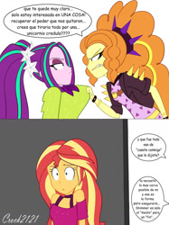 Size: 1280x1713 | Tagged: safe, artist:crock2121, imported from derpibooru, adagio dazzle, aria blaze, sunset shimmer, equestria girls, equestria girls series, spoiler:eqg series (season 2), betrayal, clothes, comic, cruise outfit, crying, dialogue, female, heartbreak, implied lesbian, music festival outfit, pigtails, sad, spanish, teary eyes, translated in the description, trio, trio female, twintails