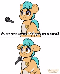 Size: 3230x4000 | Tagged: safe, artist:partylikeanartist, imported from derpibooru, hitch trailblazer, earth pony, pony, are you aware you are a pony, badge, comic, cute, existential crisis, g5, hitchbetes, male, meme, microphone, my little pony: a new generation, parody, ponified animal photo, sheriff, sheriff's badge, shocked, simple background, solo, stallion, subtitles, sweat, text, white background