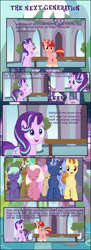 Size: 1846x5080 | Tagged: safe, artist:shootingstarsentry, imported from derpibooru, clever musings, fuchsia frost, golden crust, night view, november rain, starlight glimmer, strawberry scoop, oc, oc:star curve, earth pony, pony, unicorn, comic:the next generation, comic, friendship student, implied storm king, implied twilight sparkle, midnight snack (g4)