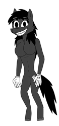 Size: 720x1544 | Tagged: safe, artist:fxmaf, imported from derpibooru, oc, oc only, oc:cartoon pony, anthro, earth pony, unguligrade anthro, belly button, black fur, black mane, breasts, chest fluff, clothes, complete nudity, featureless breasts, featureless crotch, female, gloves, nudity, original art, simple background, smiling, solo, teeth, white background