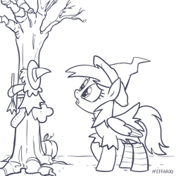 Size: 2048x2048 | Tagged: safe, artist:pfeffaroo, imported from derpibooru, derpy hooves, pegasus, pony, clothes, costume, halloween, halloween costume, hat, high res, looking at something, monochrome, plushie, pumpkin, solo, tree, witch costume, witch hat