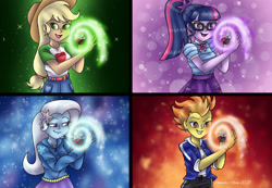 Size: 1280x888 | Tagged: safe, artist:lavenderrain24, imported from derpibooru, applejack, sci-twi, spitfire, trixie, twilight sparkle, equestria girls, aj morphs, kishiryu sentai ryusoulger, morpher, morphing, power rangers, power rangers dino fury, spitfire morphs, super sentai, trixie morphs, twilight morphs