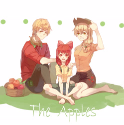 Size: 2583x2590 | Tagged: safe, artist:miruo_planet, imported from derpibooru, apple bloom, applejack, big macintosh, human, apple basket, barefoot, feet, high res, humanized, siblings