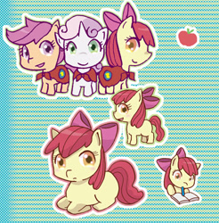 Size: 492x500 | Tagged: safe, artist:rao, imported from derpibooru, apple bloom, scootaloo, sweetie belle, earth pony, pegasus, pony, unicorn, apple, book, cape, clothes, cmc cape, cutie mark crusaders, female, filly, food, pencil