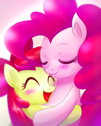 Size: 640x800 | Tagged: safe, artist:jurisalis, imported from derpibooru, apple bloom, pinkie pie, earth pony, pony, apple bloom's bow, blushing, bow, cute, duo, eyes closed, female, filly, friendshipping, hair bow, hug, mare, open mouth, smiling