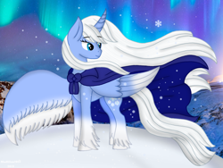 Size: 960x720 | Tagged: safe, artist:madlilon2051, imported from derpibooru, oc, oc only, alicorn, pony, alicorn oc, aurora borealis, cape, clothes, colored wings, female, horn, looking back, mare, outdoors, snow, two toned wings, unshorn fetlocks, wings