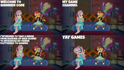 Size: 1280x720 | Tagged: safe, edit, edited screencap, editor:quoterific, imported from derpibooru, screencap, fluttershy, sunset shimmer, equestria girls, equestria girls series, game stream, spoiler:eqg series (season 2), eyes closed, female, gamer sunset, gamershy, geode of fauna, hairpin, headphones, jewelry, magical geodes, necklace, open mouth, open smile, sandals, shoes, smiling, sneakers