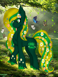 Size: 720x960 | Tagged: safe, artist:madlilon2051, imported from derpibooru, oc, oc only, oc:eleanor, butterfly, earth pony, pony, earth pony oc, female, flower, flower in hair, mare, outdoors