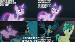 Size: 1280x720 | Tagged: safe, edit, edited screencap, editor:quoterific, imported from derpibooru, screencap, gallus, sandbar, tree of harmony, alicorn, earth pony, griffon, pony, season 8, what lies beneath, female, flying, mare, open mouth, open smile, smiling, spread wings, treelight sparkle, wings