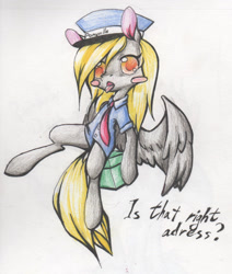 Size: 1498x1763 | Tagged: safe, artist:alcidence, imported from derpibooru, derpy hooves, pegasus, pony, blush sticker, blushing, box, clothes, colored pupils, grammar error, hat, mailmare, misspelling, necktie, shirt, solo, text, tongue out, traditional art