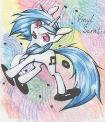 Size: 1424x1647 | Tagged: safe, artist:alcidence, imported from derpibooru, dj pon-3, vinyl scratch, pony, unicorn, abstract background, missing accessory, no pupils, record, solo, traditional art