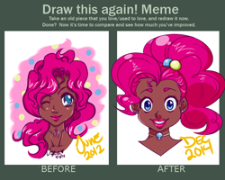 Size: 784x626 | Tagged: safe, artist:jazzie-simone, imported from derpibooru, pinkie pie, human, bust, comparison, dark skin, draw this again, duo, female, grin, humanized, lipstick, one eye closed, redraw, smiling, wink