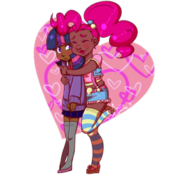 Size: 600x600 | Tagged: safe, artist:jazzie-simone, imported from derpibooru, pinkie pie, twilight sparkle, human, alternate hairstyle, clothes, dark skin, eyes closed, female, heart, hug, hug from behind, humanized, lesbian, overalls, pigtails, sandals, shipping, smiling, socks, striped socks, twinkie