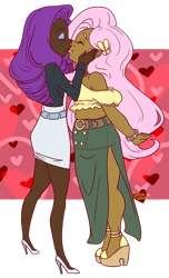 Size: 474x779 | Tagged: safe, artist:jazzie-simone, imported from derpibooru, fluttershy, rarity, human, clothes, dark skin, dress, eyes closed, female, flarity, hairclip, high heels, humanized, kissing, lesbian, shipping, shoes, simple background, skirt, smiling, transparent background