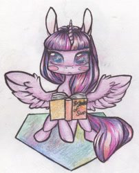 Size: 1250x1548 | Tagged: safe, artist:alcidence, imported from derpibooru, part of a set, twilight sparkle, alicorn, pony, blush sticker, blushing, book, colored pupils, reading, solo, spread wings, traditional art, twilight sparkle (alicorn), wings