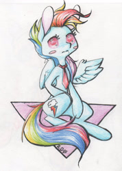 Size: 1349x1895 | Tagged: safe, artist:alcidence, imported from derpibooru, part of a set, rainbow dash, pegasus, pony, blush sticker, blushing, colored pupils, necktie, one wing out, solo, traditional art, wings