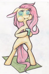 Size: 1283x1928 | Tagged: safe, artist:alcidence, imported from derpibooru, part of a set, fluttershy, pony, aweeg*, bipedal, colored pupils, cup, floppy ears, hoof hold, puffy cheeks, solo, traditional art, wingless