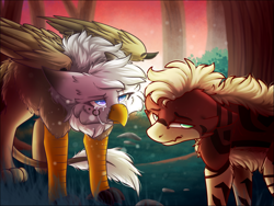 Size: 2885x2165 | Tagged: safe, artist:sketchytwi, imported from derpibooru, oc, oc only, earth pony, griffon, pony, chest fluff, duo, earth pony oc, forest, griffon oc, high res, sunset, tree, wings