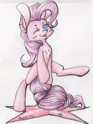 Size: 1366x1821 | Tagged: safe, artist:alcidence, imported from derpibooru, part of a set, pinkie pie, earth pony, pony, bipedal, blush sticker, blushing, chest fluff, colored pupils, one eye closed, solo, traditional art