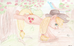 Size: 2458x1514 | Tagged: safe, artist:alcidence, imported from derpibooru, applejack, rainbow dash, earth pony, pegasus, pony, apple, apple orchard, apple tree, applebucking, nose wrinkle, orchard, rainbow trail, traditional art, tree