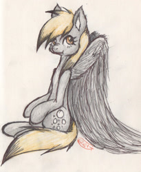 Size: 1498x1829 | Tagged: safe, artist:alcidence, imported from derpibooru, derpy hooves, pegasus, pony, :t, large wings, nose wrinkle, solo, traditional art, wings