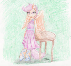 Size: 2491x2326 | Tagged: safe, artist:alcidence, imported from derpibooru, scootaloo, pegasus, semi-anthro, clothes, dress, high res, solo, table, traditional art