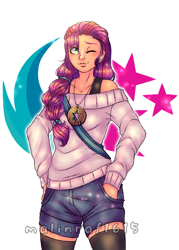 Size: 1047x1459 | Tagged: safe, artist:malinraf1615, imported from derpibooru, sunny starscout, human, clothes, female, g5, humanized, my little pony: a new generation, one eye closed, shorts, simple background, solo, sweater, white background, wink