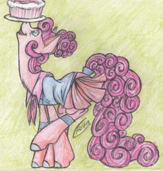 Size: 1622x1705 | Tagged: safe, artist:alcidence, imported from derpibooru, pinkie pie, earth pony, pony, balancing, cake, clothes, food, ponies balancing stuff on their nose, shirt, skirt, socks, solo, traditional art