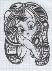 Size: 1084x1473 | Tagged: safe, artist:alcidence, imported from derpibooru, pinkie pie, earth pony, pony, black and white, graph paper, grayscale, ink drawing, monochrome, solo, traditional art