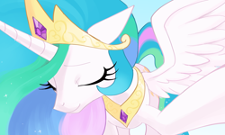 Size: 3852x2316 | Tagged: safe, artist:marbola, imported from derpibooru, princess celestia, alicorn, pony, crown, eyelashes, eyes closed, female, high res, horn, jewelry, mare, peytral, ponybooru import, regalia, smiling, solo, spread wings, wings