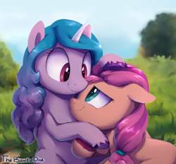 Size: 1412x1310 | Tagged: safe, artist:thebowtieone, imported from derpibooru, izzy moonbow, sunny starscout, earth pony, pony, unicorn, cuddling, cute, duo, female, floppy ears, g5, head pat, izzyscout, lesbian, looking at each other, my little pony: a new generation, pat, shipping, smiling, smiling at each other