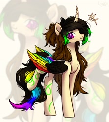 Size: 2662x2980 | Tagged: safe, artist:konejo, imported from derpibooru, oc, oc only, alicorn, pony, blushing, chest fluff, colored wings, curved horn, eyebrows, eyelashes, folded wings, high res, horn, long mane, long tail, looking at you, multicolored mane, multicolored tail, multicolored wings, oc name needed, purple eyes, rainbow tail, rainbow wings, raised hoof, raised leg, side view, signature, solo, tail, wings, zoom layer