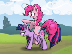 Size: 1799x1353 | Tagged: safe, artist:corsairsedge, imported from derpibooru, pinkie pie, twilight sparkle, alicorn, earth pony, pony, duo, excited, female, horse riding a horse, mare, outdoors, pinkie pie riding twilight, pointing, ponies riding ponies, riding, scenery, smiling, twilight sparkle (alicorn), twilight sparkle is not amused, unamused, wings, wings down