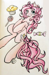 Size: 822x1246 | Tagged: safe, artist:alcidence, imported from derpibooru, pinkie pie, earth pony, pony, blurry, candy, food, muffin, solo, tongue out, traditional art