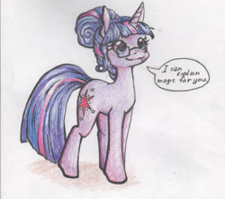 Size: 1564x1390 | Tagged: safe, artist:alcidence, imported from derpibooru, sci-twi, twilight sparkle, pony, unicorn, equestria girls, equestria girls ponified, glasses, hair bun, solo, speech bubble, traditional art, unicorn sci-twi