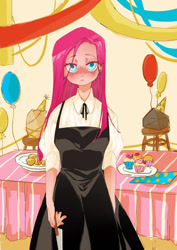 Size: 500x708 | Tagged: safe, artist:打咩达捏, imported from derpibooru, madame leflour, pinkie pie, rocky, human, equestria girls, balloon, cupcake, food, humanized, knife, pinkamena diane pie, solo, streamers